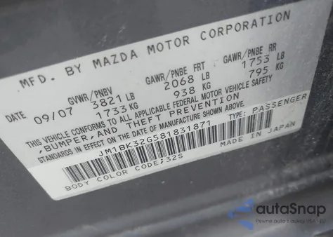 2008 Mazda Mazda3 I из США, поврежденный, VIN JM1BK32G581831871